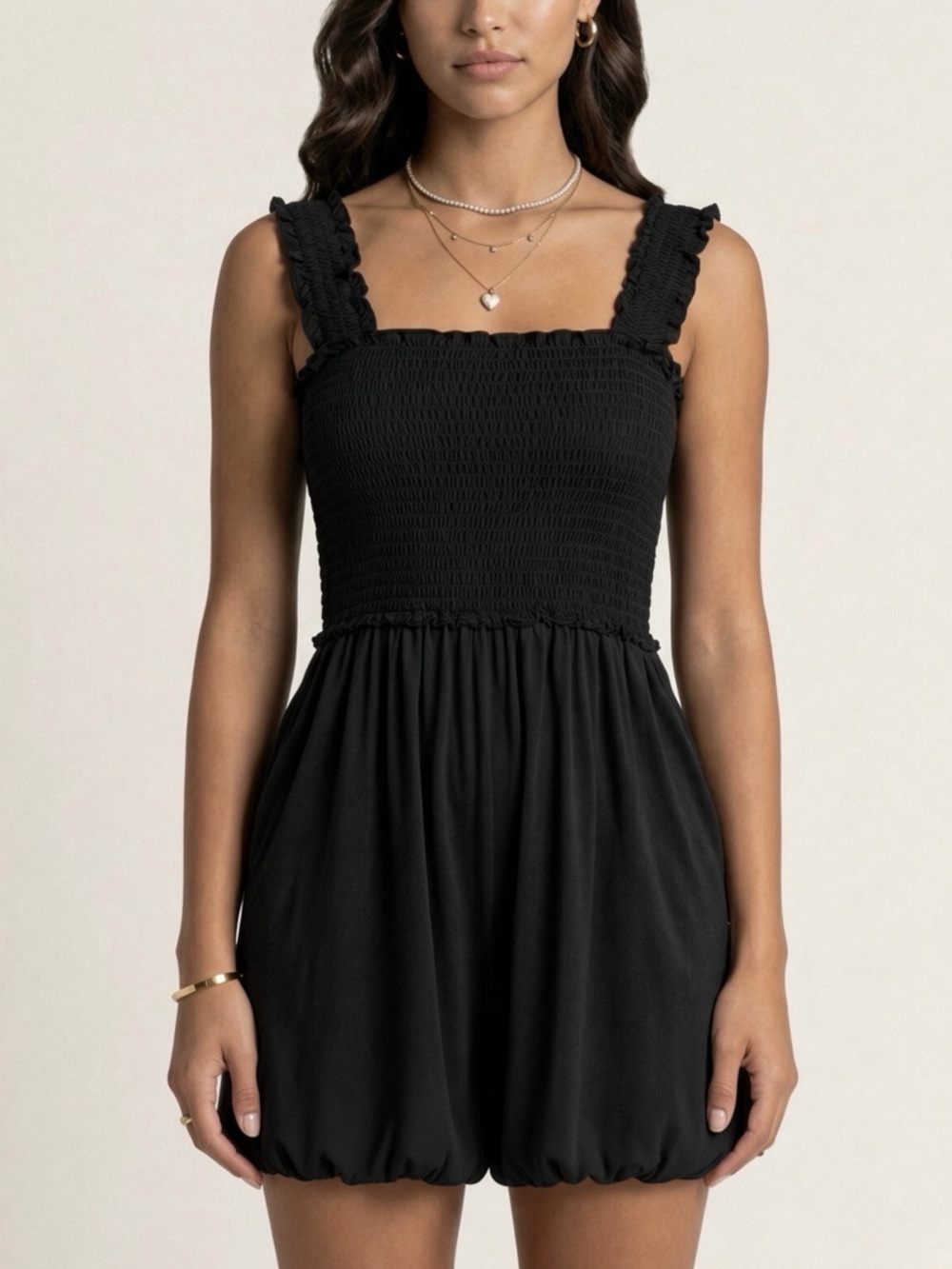 Black Swiss Dot Smocked Romper Ruffle Strap Bubble Hem Shorts L